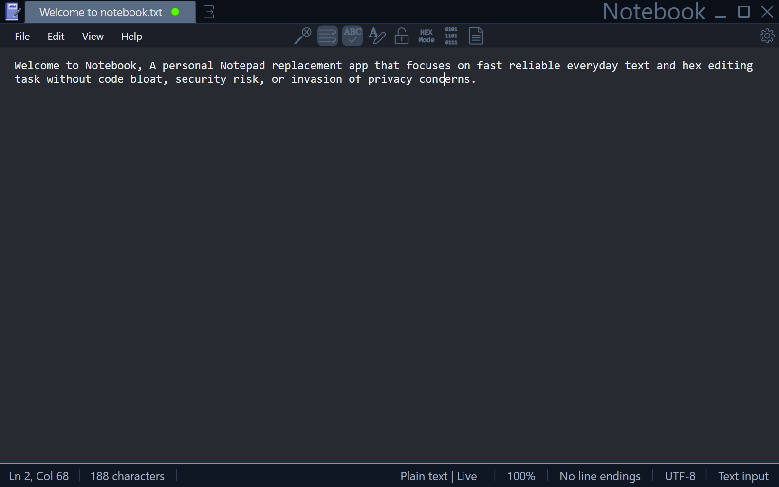 Notebook main editor window showing the core writing workspace.