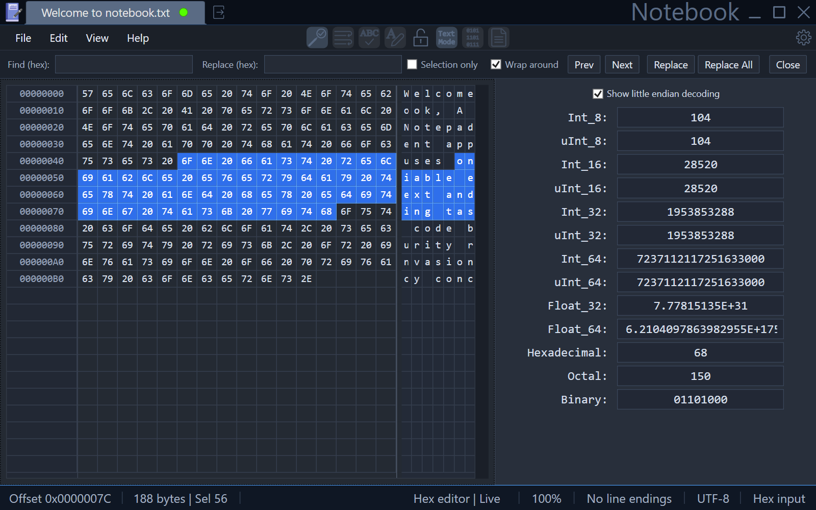 Notebook hex editor view.