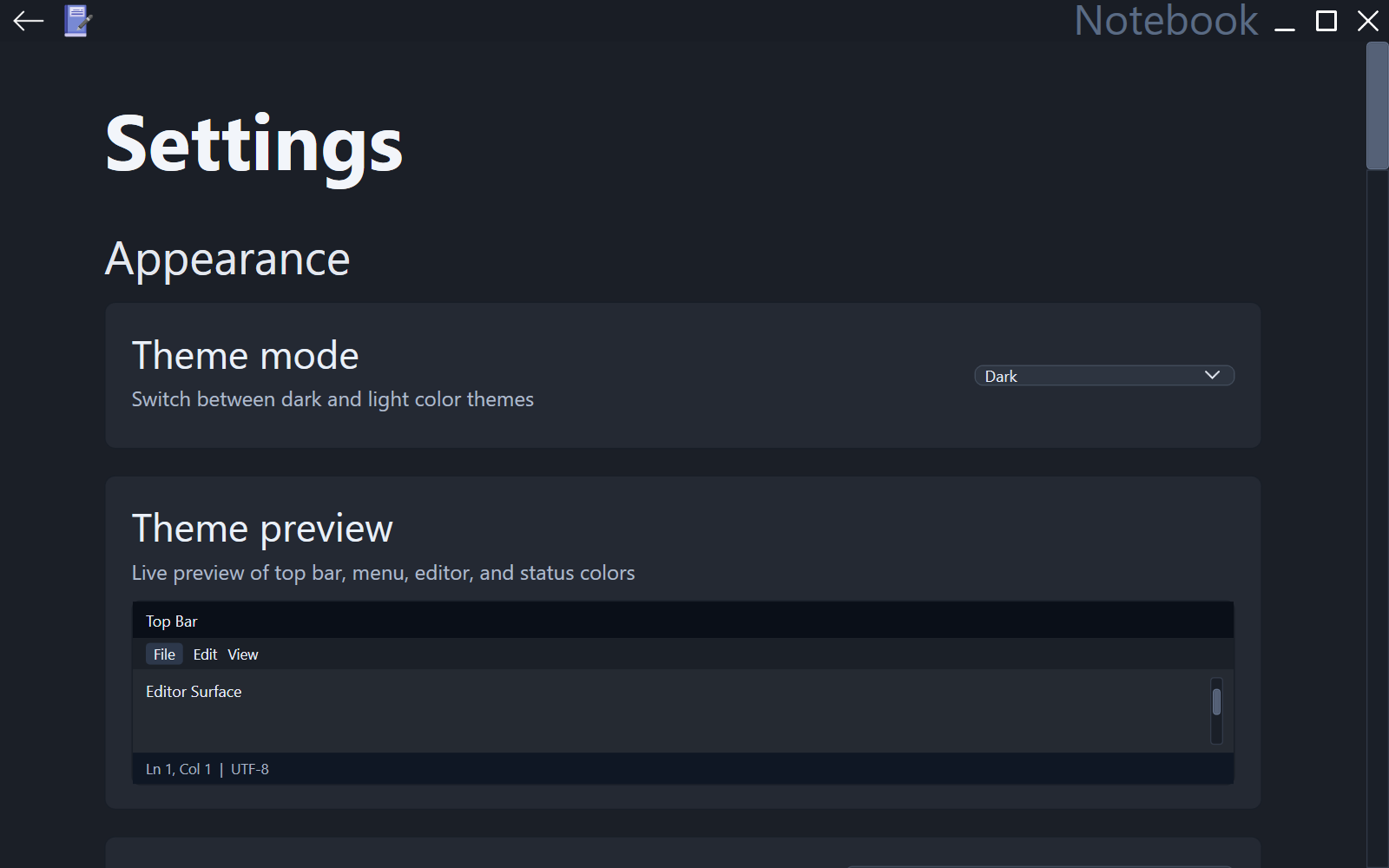 Notebook settings window.